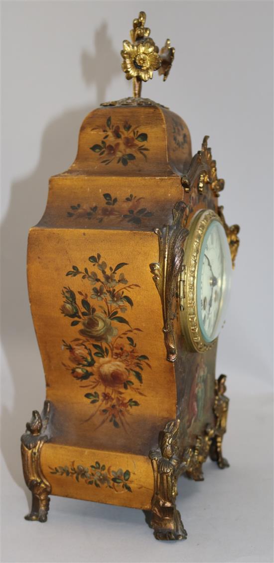 An early 20th century Vernis Martin style mantel clock, 16in.